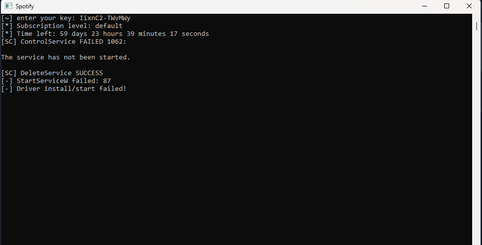 StartServiceW failed: 87 Driver install/start failed