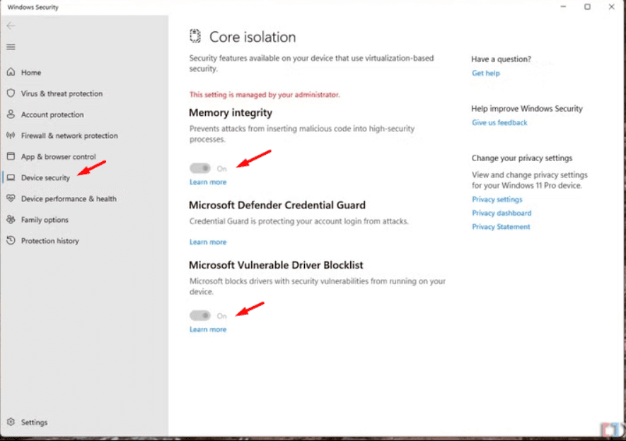 Windows Core Isolation Memory Integrity settings